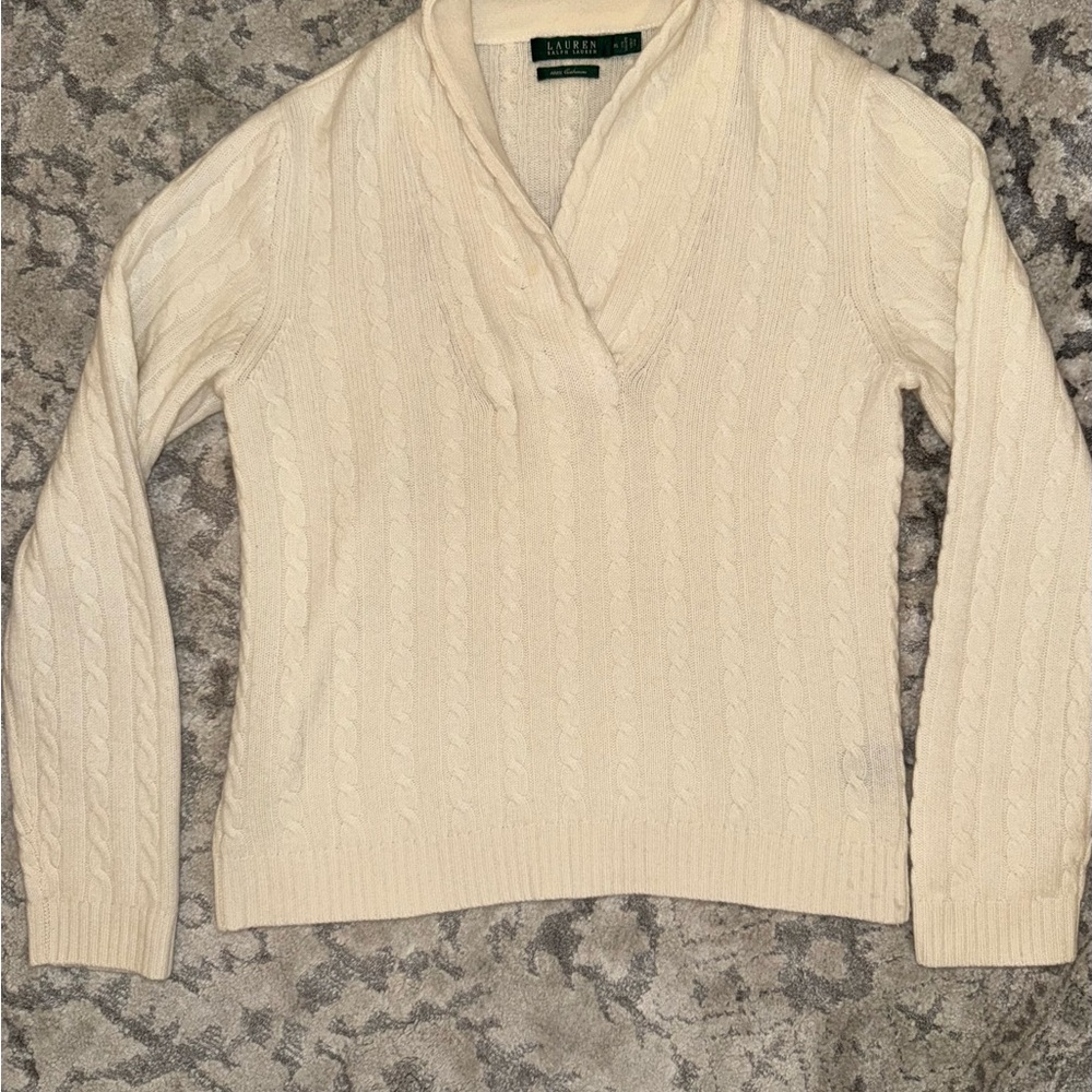 Ralph Lauren Cream V-Neck Cable Knit Sweater